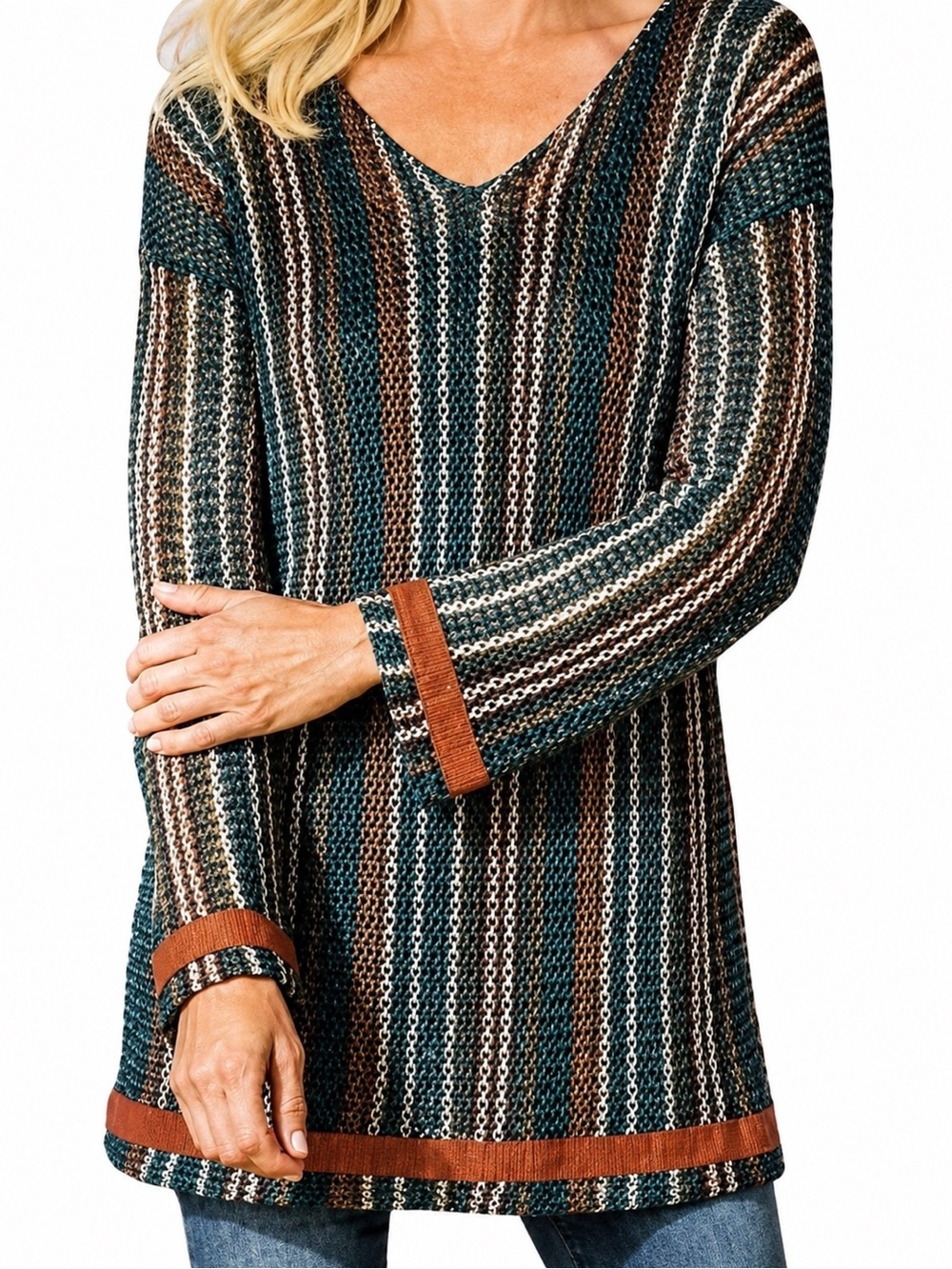 Soft Surroundings Metallic Striped Crochet Knit Tunic Sweater PS Multicolor Boho